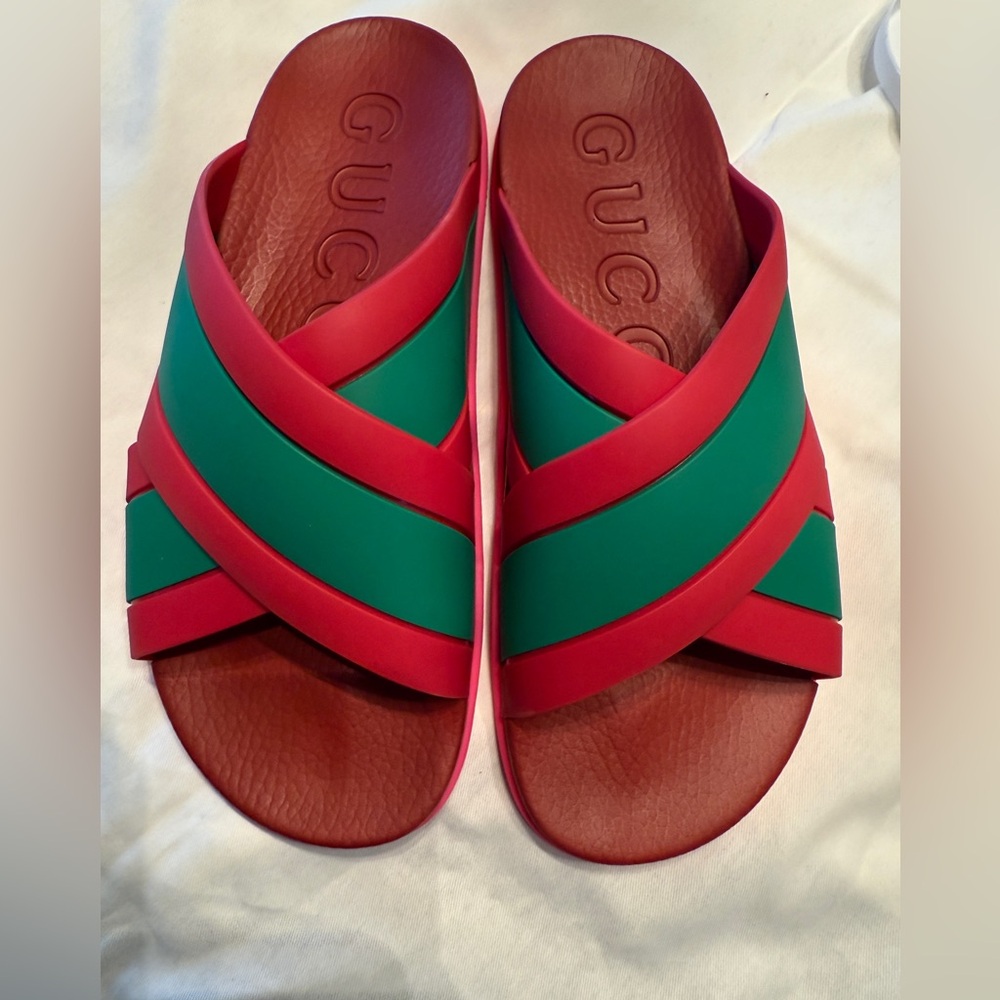 Gucci Red and Green Crisscross Slides - Picture 5 of 6